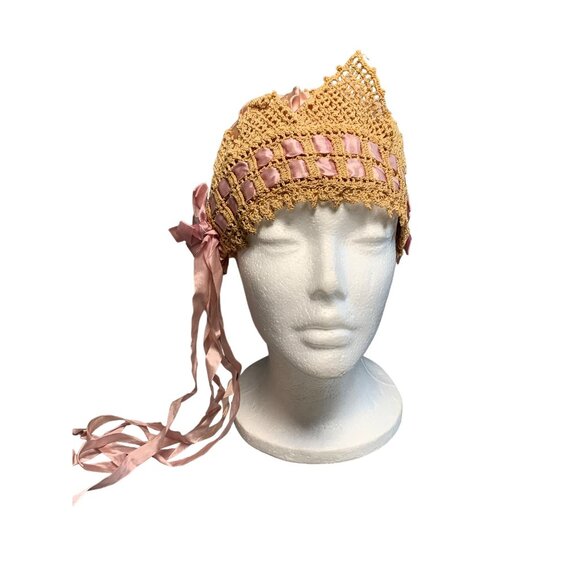 Vintage Pink Crochet & Silk Womens Bonnet with Ribbon Ties - Picture 1 of 16
